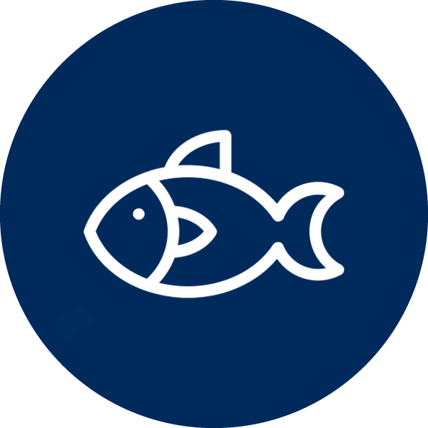 Navy blue circle with a white icon featuring a fish
